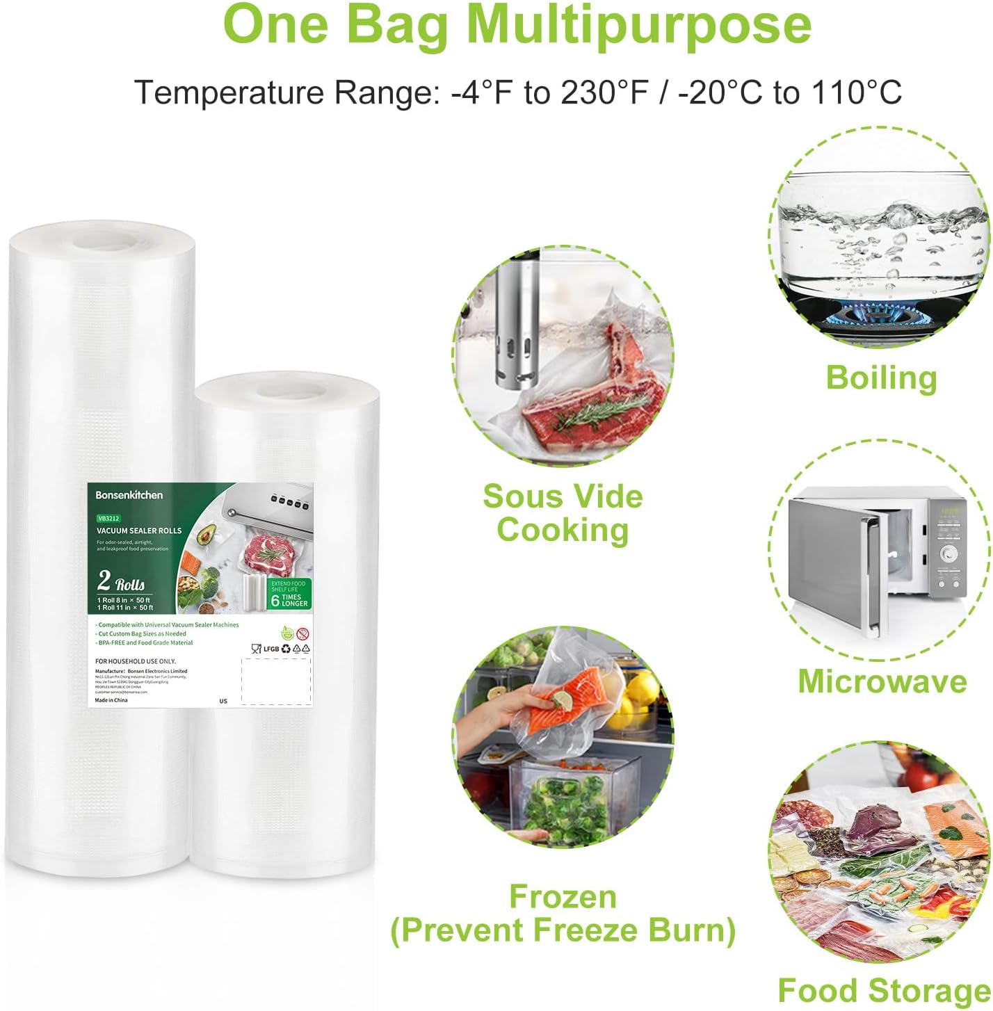 Bonsenkitchen Vacuum Sealer Rolls, 8" x 50' & 11" x 50', BPA Free F90022