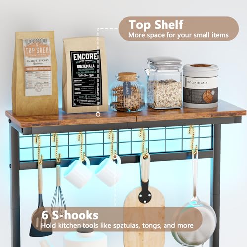 Furologee Bakers Rack with Power Outlet and LED Light, 4-Tier Microwave Stand, Rustic Brown M537