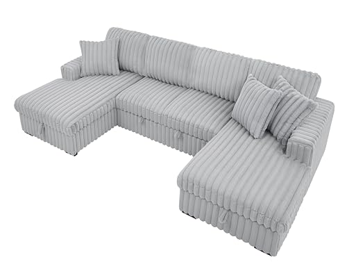 roomfitters U Shaped Sleeper Sofa 122 Inch with Double Storage Chaise, Grey K9403