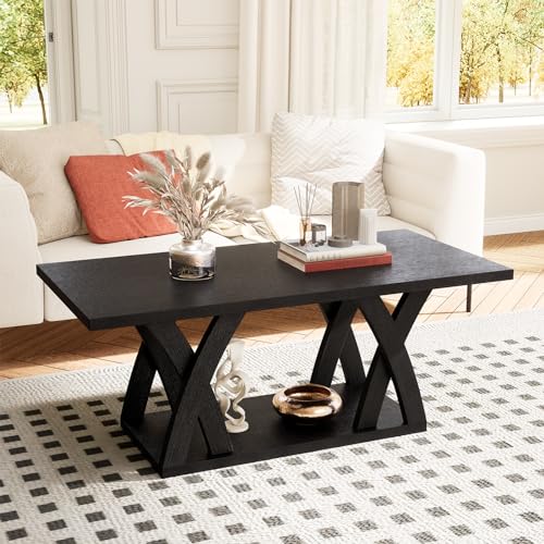 Farmhouse Coffee Table with Shelf, Wood Coffee Table for Living Room, Open Display Area,47” Dark Brown