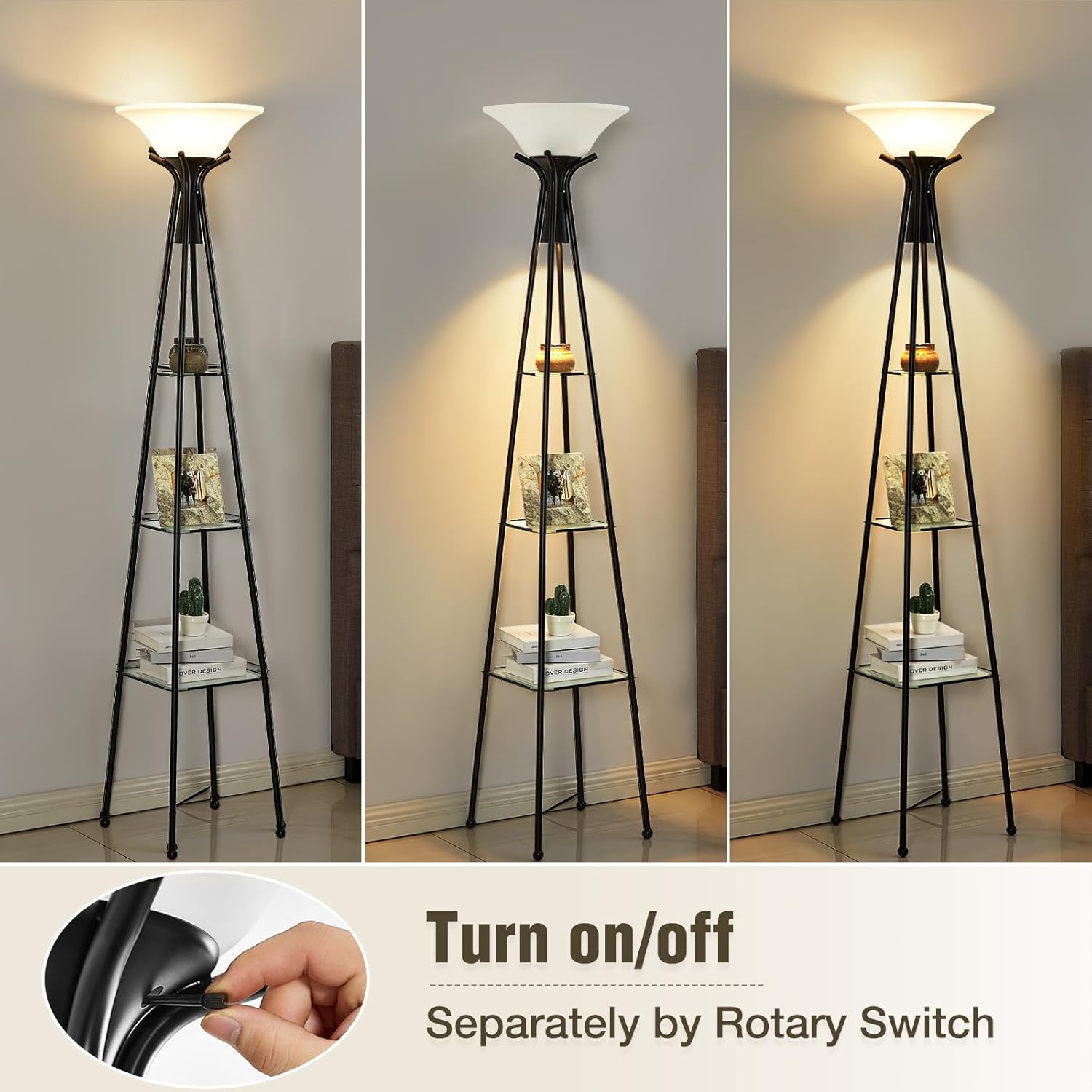 Luvkczc Floor Lamp with Shelves, 69" Tall, 3-Tier Glass Shelves, Black Y511