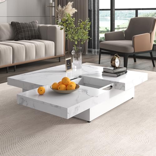 Square Coffee Table 39.4" Marble Veneer Sliding Top with Storage Z7756