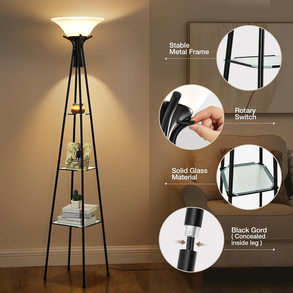 Luvkczc Floor Lamp with Shelves, 69" Tall, 3-Tier Glass Shelves, Black Y511