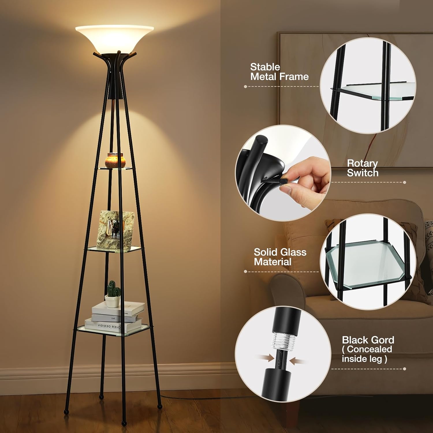 Luvkczc Floor Lamp with Shelves, 69" Tall, 3-Tier Glass Shelves, Black Y511