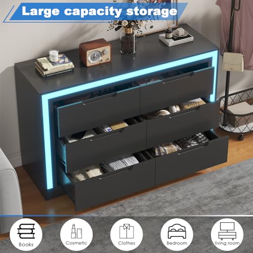 6 Drawer Dresser with LED Light for Bedroom, Black Y421