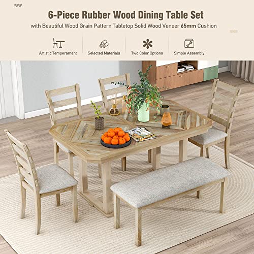 Merax 6-Piece Rubber Wood Dining Table Set with 4 Cushioned Chairs and Bench, Light Gray F5621
