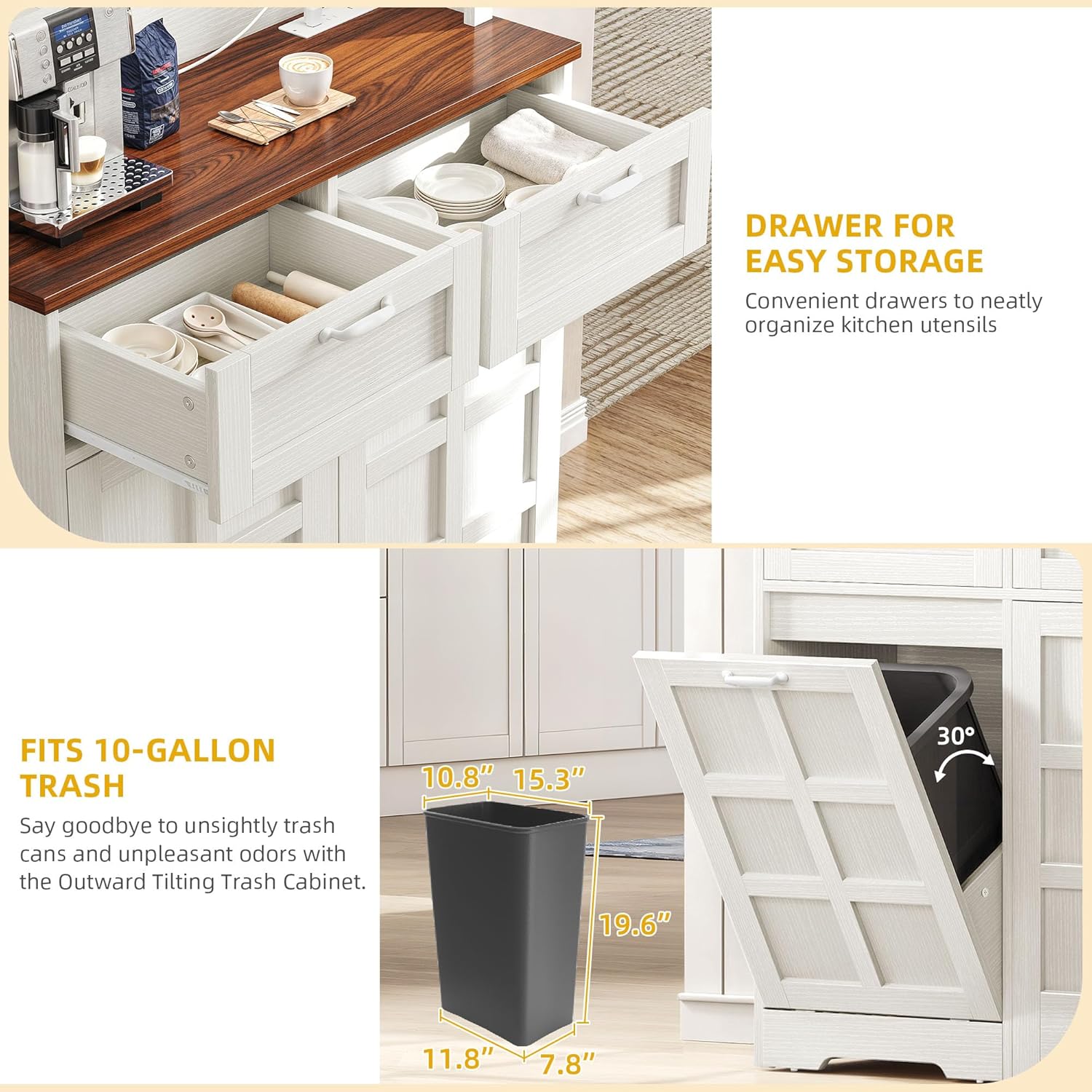 DWVO Kitchen Pantry Cabinet with Tilt-Out Trash Can, Tall Storage, White Oak I220373