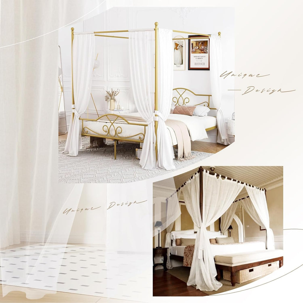 White Canopy Bed Curtains for King Queen Full Twin Bed Frame with Velcro A94372