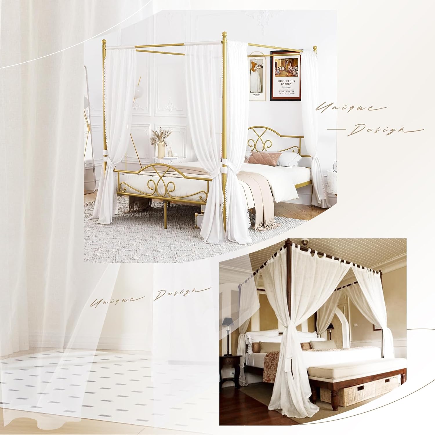 White Canopy Bed Curtains for King Queen Full Twin Bed Frame with Velcro A94372
