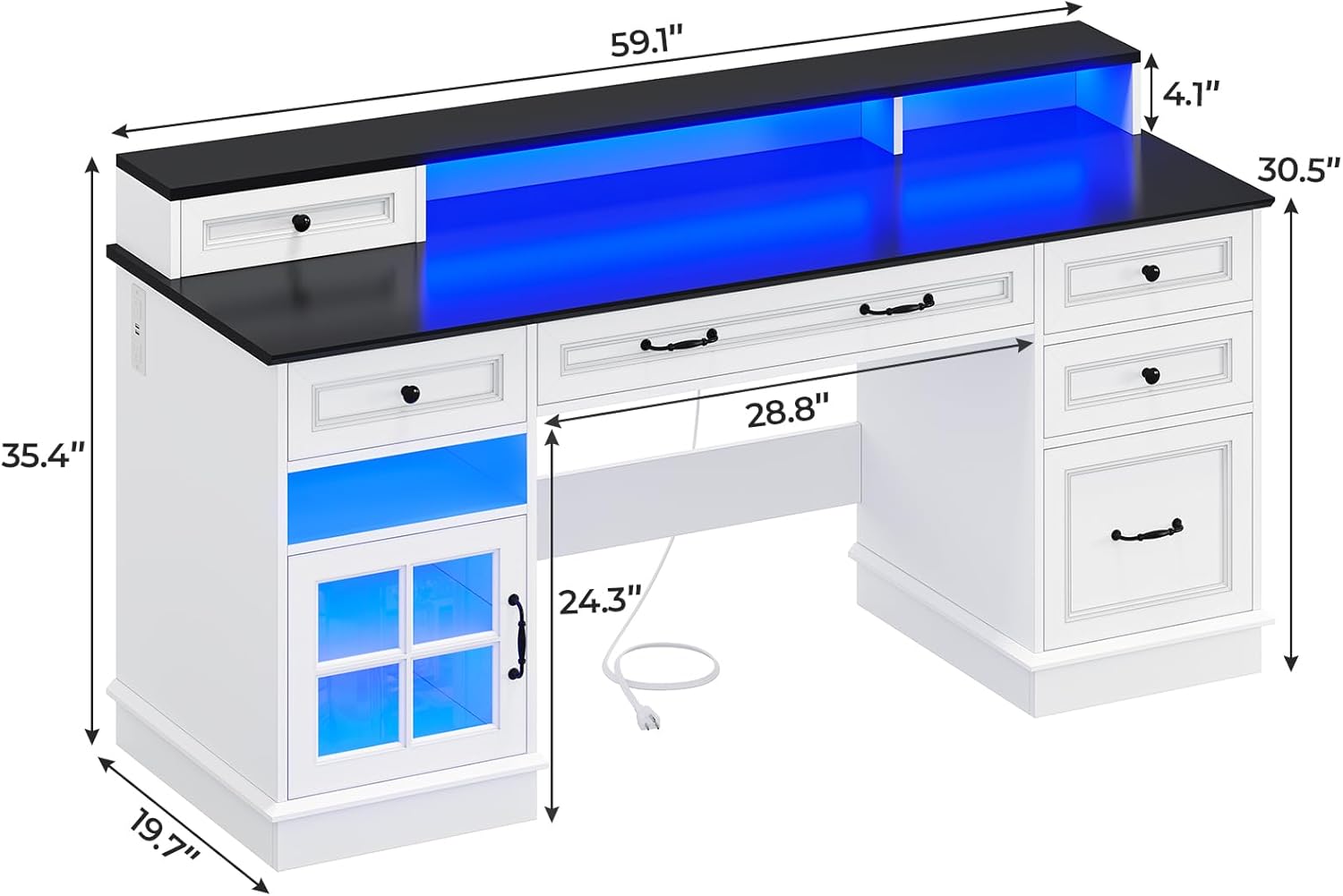 Executive Desk with Drawers, Storage Cabinet & Charging Station, White E513
