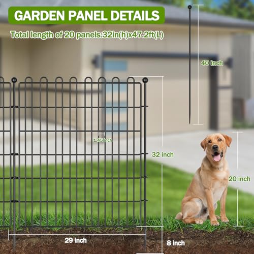 Decorative Metal Garden Fence for Yard, 32in H x 23.6ft L, Animal Barrier K800603