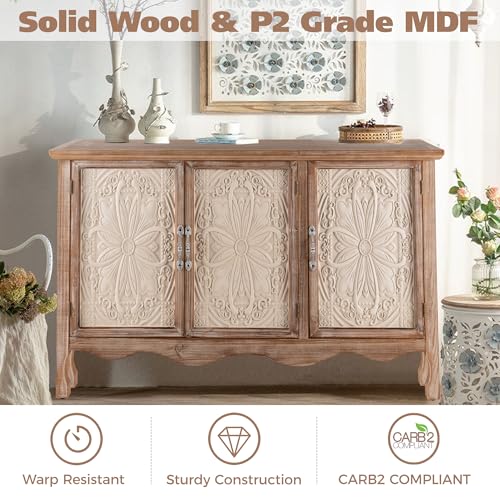 Vintage Sideboard Buffet Cabinet with 3 Carved Doors, Wash Grey V2636