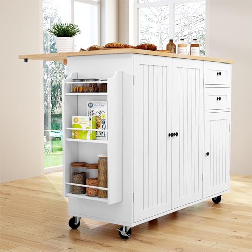 HLR Kitchen Island with Storage, Rolling Drop-Leaf Bar Countertop W67731