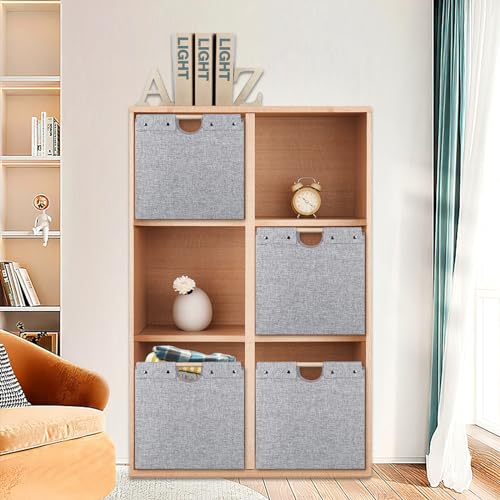 Collapsible Storage Cubes 4 Pack with Wooden Handles for Shelves, Beige J7023
