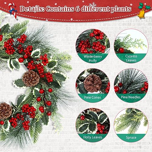 24 Inch Christmas Wreath with Red Ribbon and Pine Cones for Front Door D30392