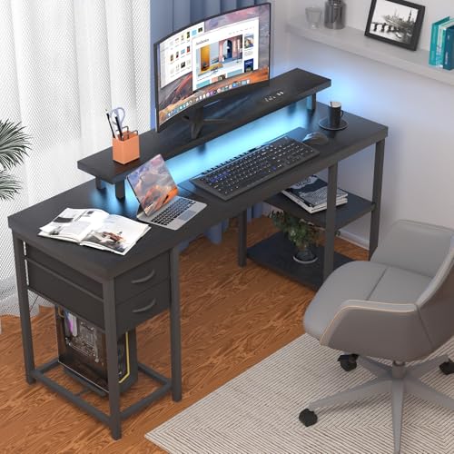 Computer Desk with Drawer, Power Outlets and LED Light, Black C8370