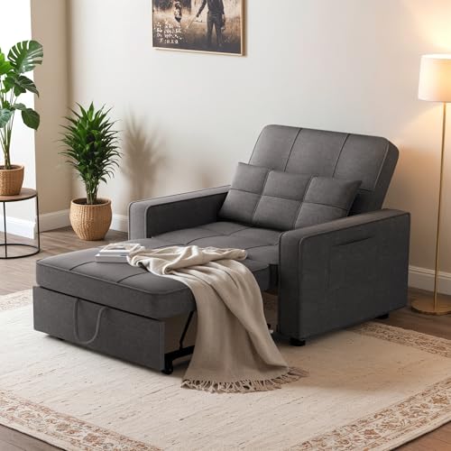 Flamaker Sofa Bed, Sleeper Sofa 3-in-1, Adjustable Couch Bed with Modern Linen Fabric, Convertible Sleeper Chair for Living Room, Apartment and Small Space (Dark Grey)
