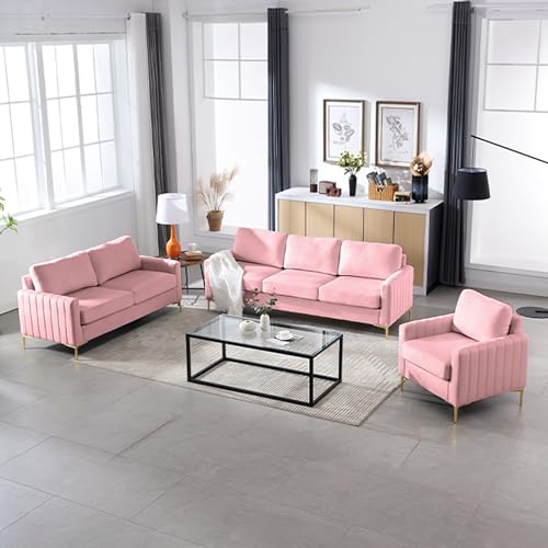 3 Piece Sofa Set Living Room Furniture Sets, Comfy Sofa and Loveseat and Chair, Velvet Tufted 3 Seater Couch Sets for Bedroom Office juegos de muebles de sala Modern Soft Cushioned& Golden Leg (Black)