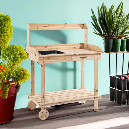 Outsunny 36" Wooden Potting Bench Work Table with Sink and Storage, Brown O683