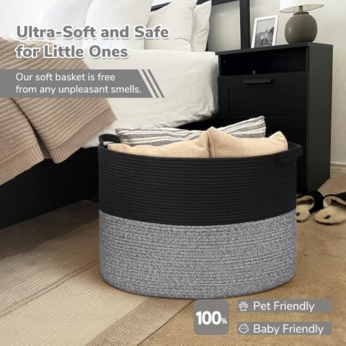 INDRESSME Large Cotton Rope Storage Basket with Handles, 90L Grey R37552