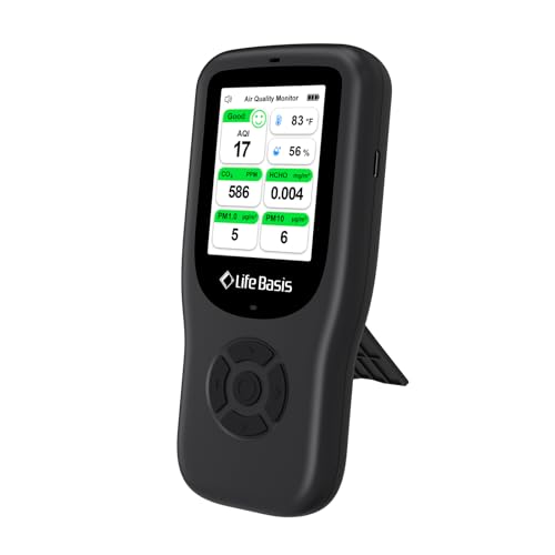 LifeBasis Air Quality Monitor Indoor, 11-in-1 Air Quality Detector with Stand, Real-Time Air Meter Test AQI, PM1.0, PM2.5, PM10, CO2, TVOC, HCHO, Particles, Temperature and Humidity, Dual Alert -Black