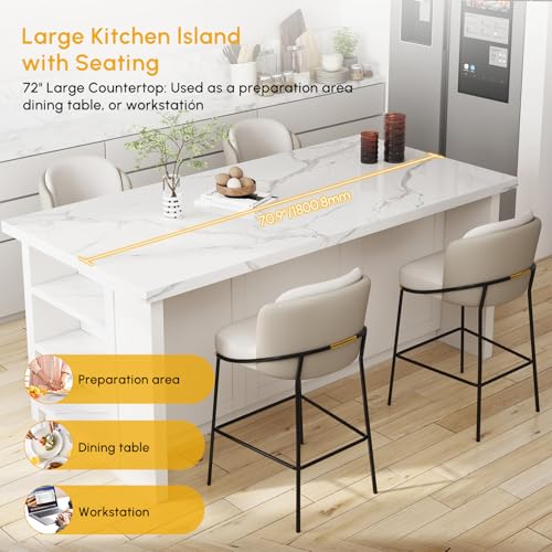 homary 72" Kitchen Island with Storage, White Dining Table with Seating & 3 Drawers H6352