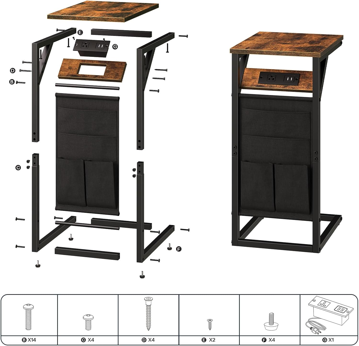 HOOBRO C-Shaped End Table with Charging Station, Metal Frame, Rustic Brown and Black M645406