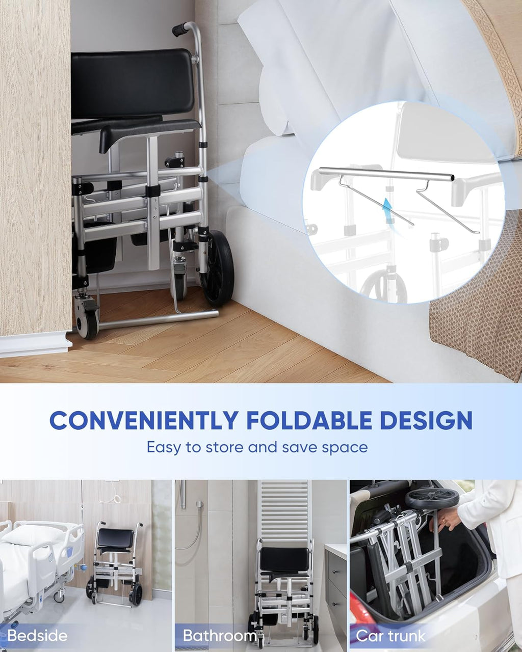 Hybodies Foldable Aluminum Shower Chair with Wheels, 3 in 1 Transport & Commode W280541