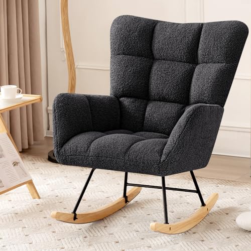 Furniliving Faux Fur Upholstered Rocking Chair with High Backrest, Pink F2554