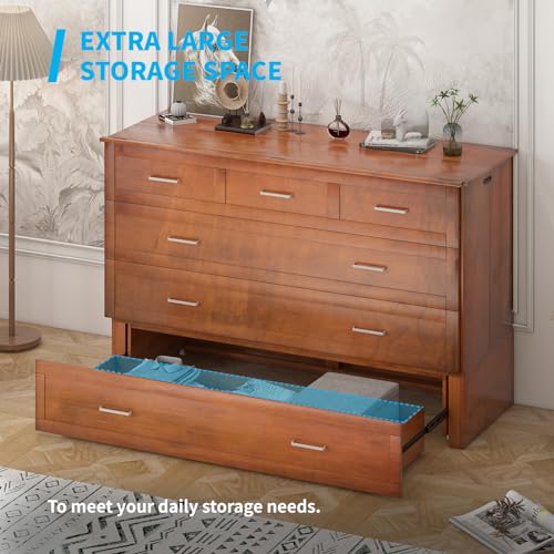 Mjkone Queen Murphy Bed with Tri-Fold Mattress, Charging Station and Storage Drawers, Cherry O58055