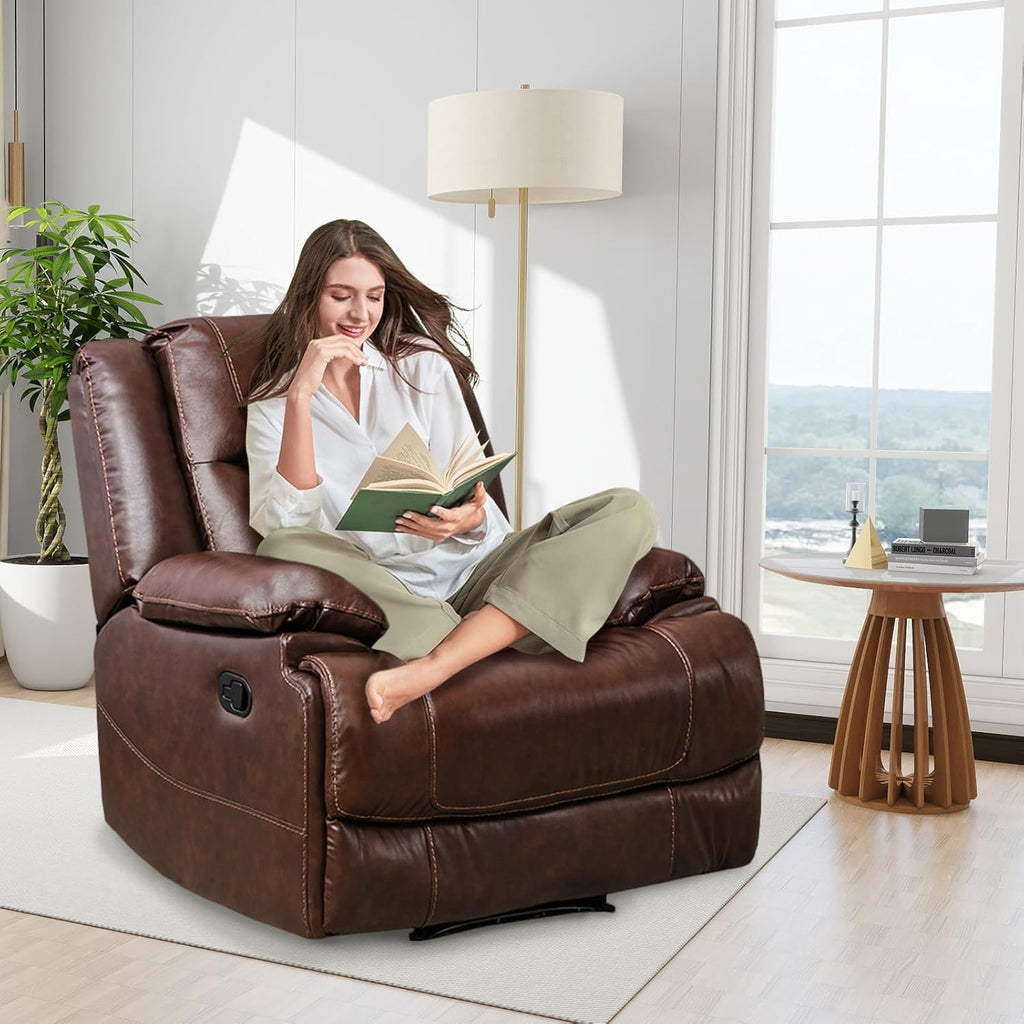 Genuine Leather Manual Recliner Chair for Living Room, Brown F4463