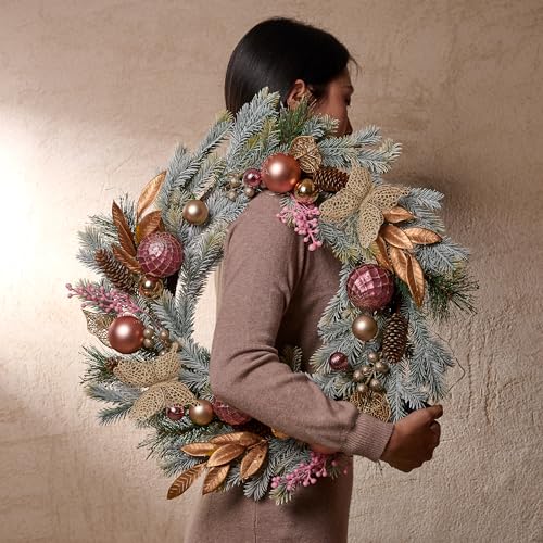 DecorbyHannah 24" Pre-Lit Pink Christmas Wreath with Ornaments Z91208