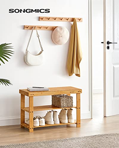 SONGMICS 3-Tier Bamboo Shoe Rack Bench, Entryway Storage, Ink Black X802