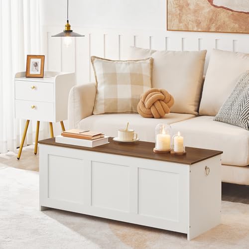 HOOBRO Storage Bench, 39.3" Retro Wooden Chest with Lift Top, White and Walnut C2921