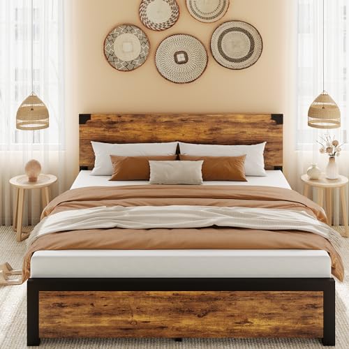 GAOMON Full Bed Frame, Platform Full Size Bed Frame with Wood Headboard, Metal Full Bed Frame with Under Bed Storage and Support Legs, Noise Free, No Box Spring Needed, Easy Assembly-Rustic Brown
