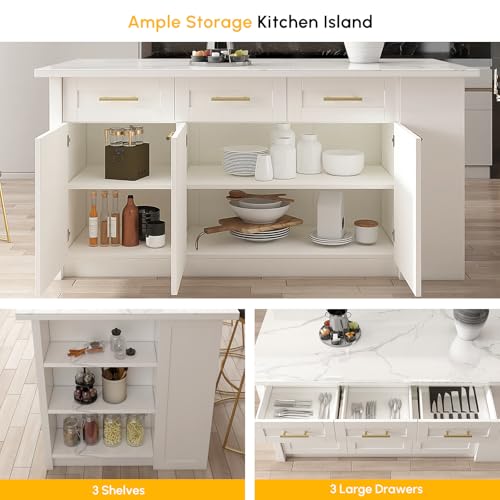 homary 72" Kitchen Island with Storage, White Dining Table with Seating & 3 Drawers H6352