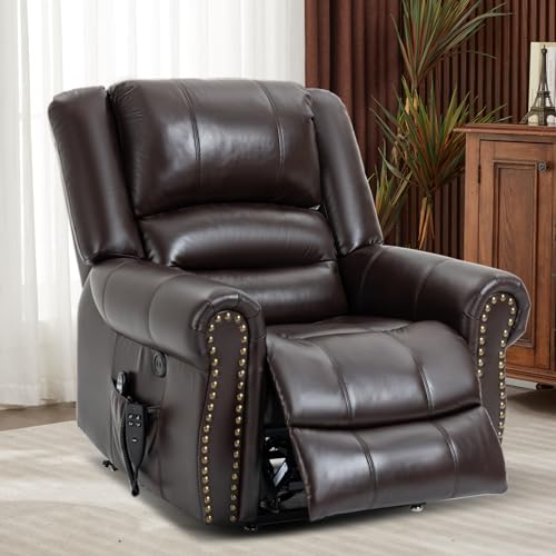 Dual Motor Power Lift Recliner Chair with Massage and Heat, Faux Leather, Brown V8458