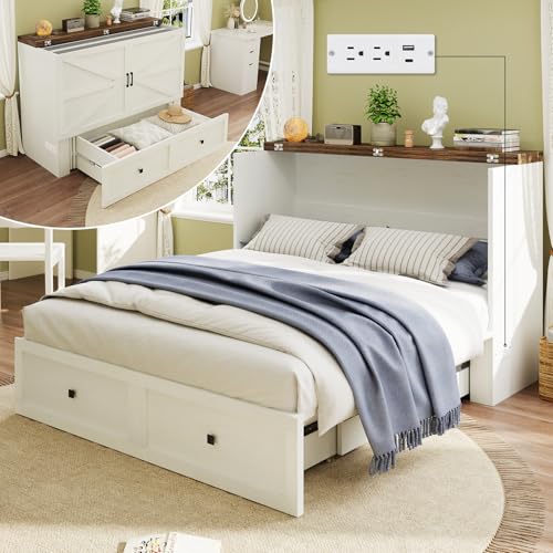Full Size Murphy Bed with Charging Station and Storage Drawer, White X622658