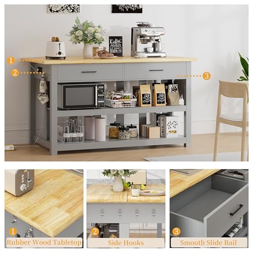 47.3" Solid Rubberwood Kitchen Island with Power Outlets, Grey E752