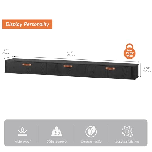 WAMPAT Floating TV Stand, Wall Mounted Wood Media Console, 70 inch, Black A6087