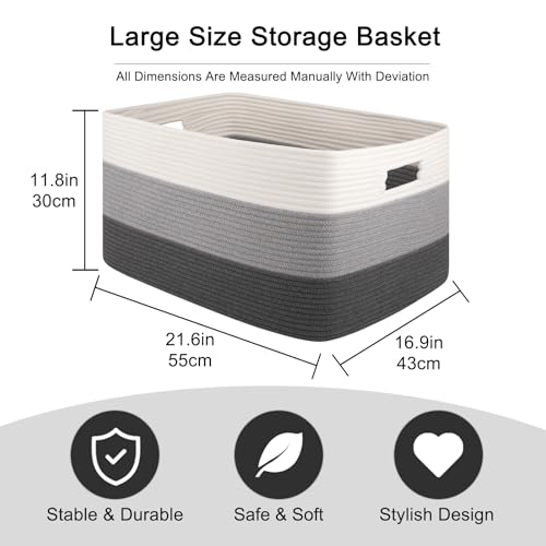 OIAHOMY Large Rectangle Woven Blanket Basket with Handle, Gradient Blue B58762