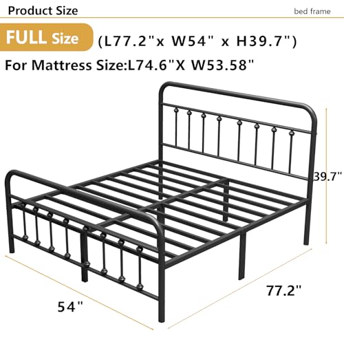 Vengarus Metal Bed Frame Full Size with Headboard, Heavy Duty Steel Slat, Black S383