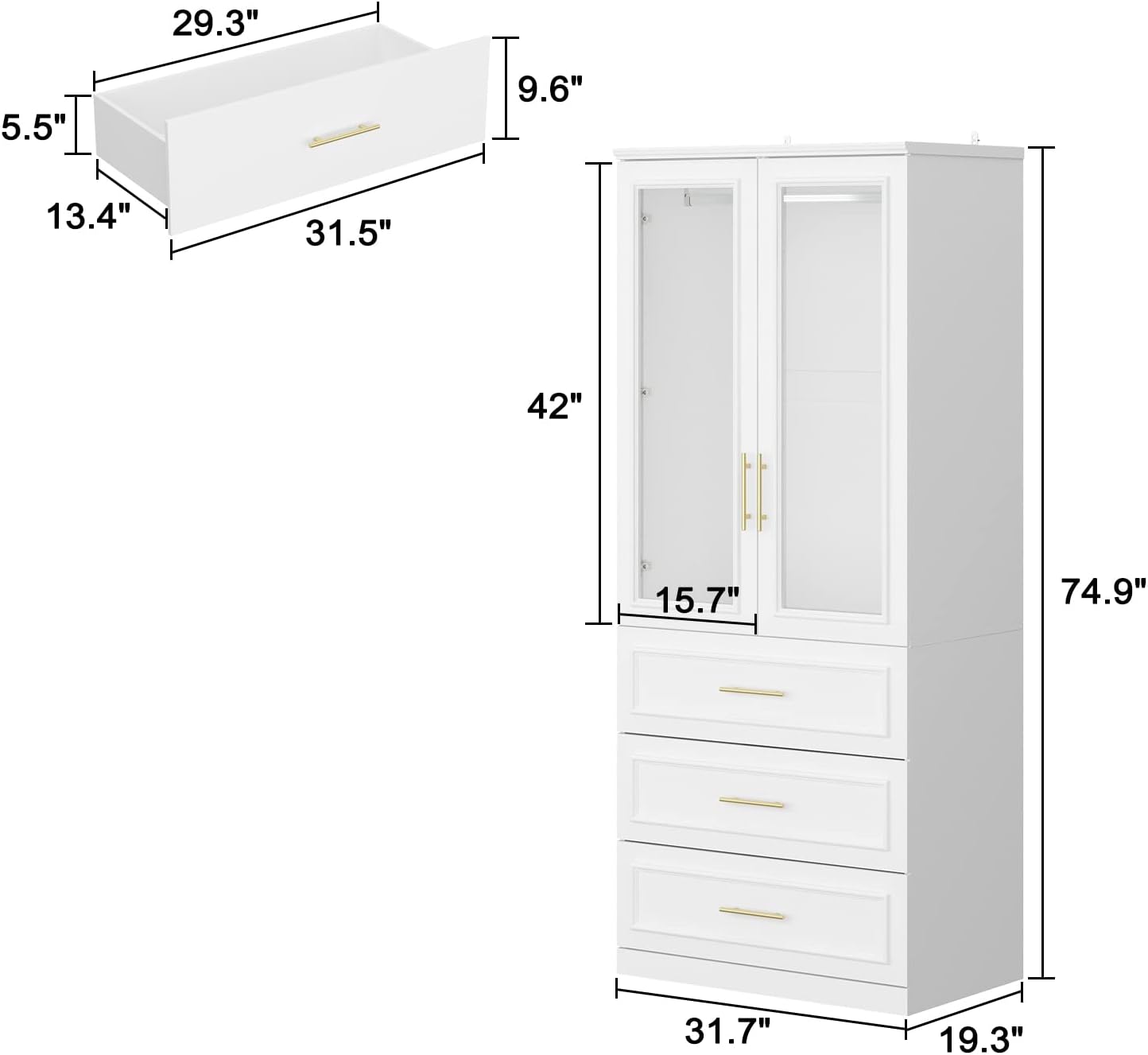 ECACAD Wardrobe Armoire with 2 Glass Doors, 3 Drawers & Hanging Rod, White T90917