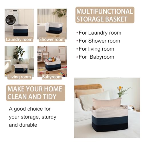 OIAHOMY Large Rectangle Woven Blanket Basket with Handle, Gradient Blue B58762