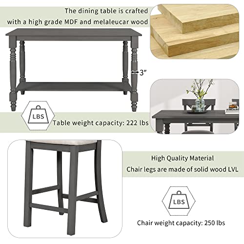 UBGO 6-Piece Counter Height Dining Table with Shelf, 4 Chairs and Bench, Gray C357
