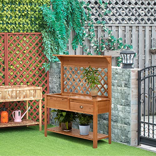 Outsunny Garden Potting Bench Outdoor Wooden Workstation Table with Storage Shelf E755029