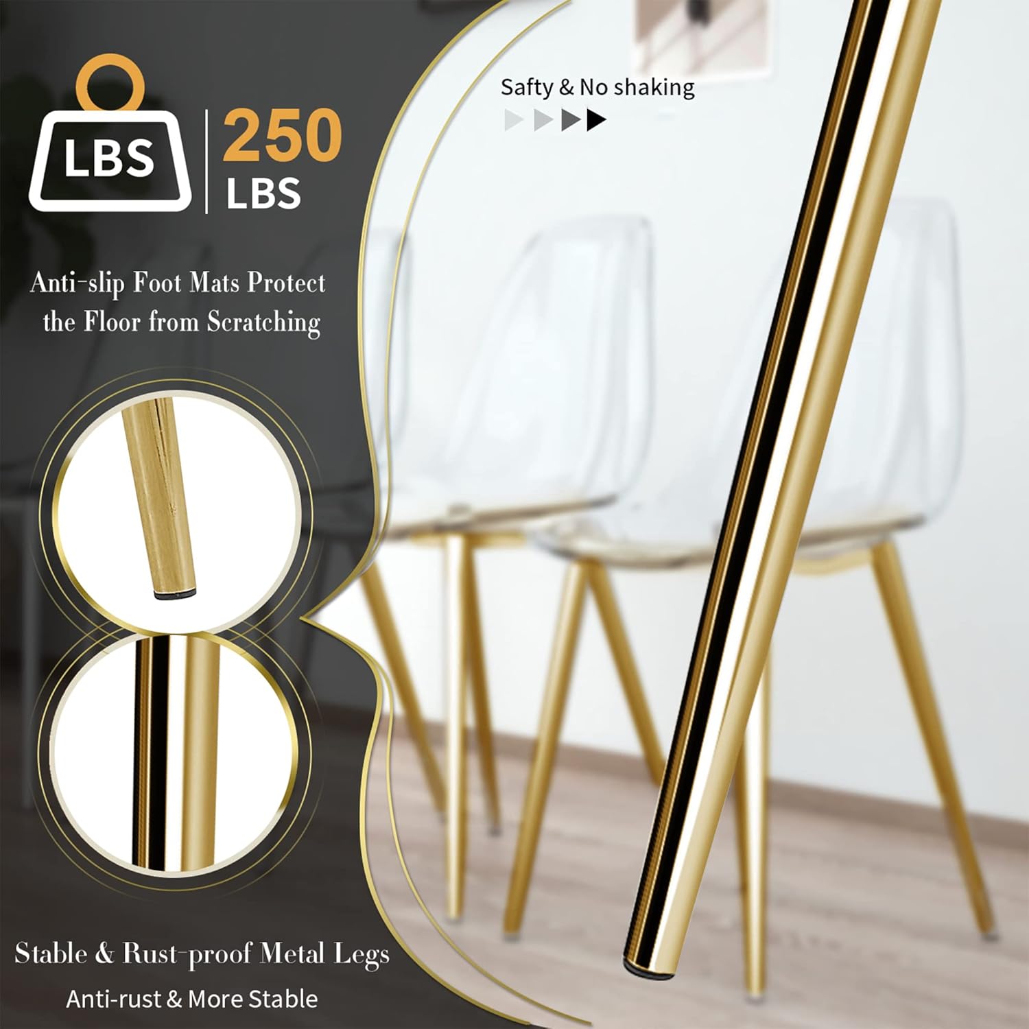 Baysitone Gold Round Glass Dining Table Set for 6 with Clear Acrylic Chairs W1878