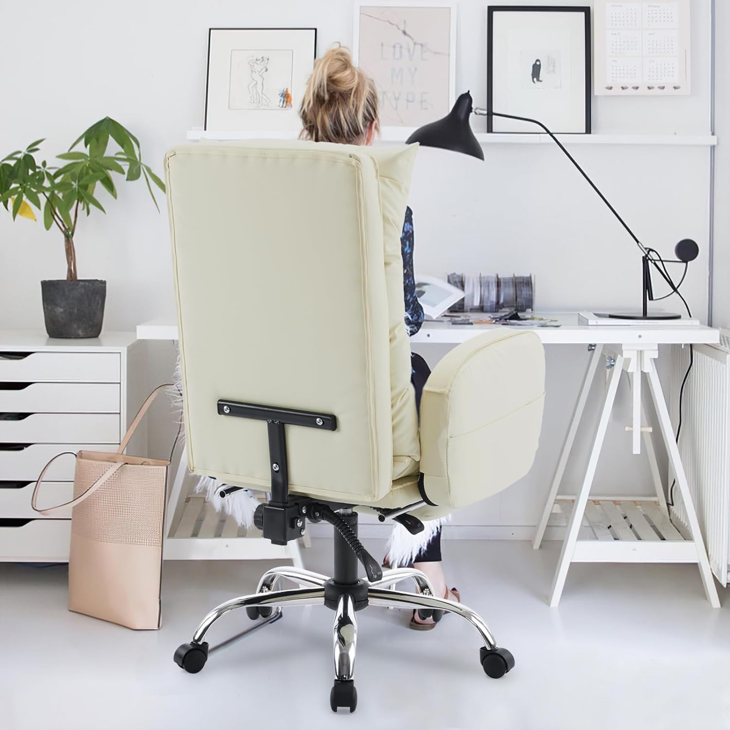 High-Back PU Leather Office Chair with Footrest, Cream White X25018