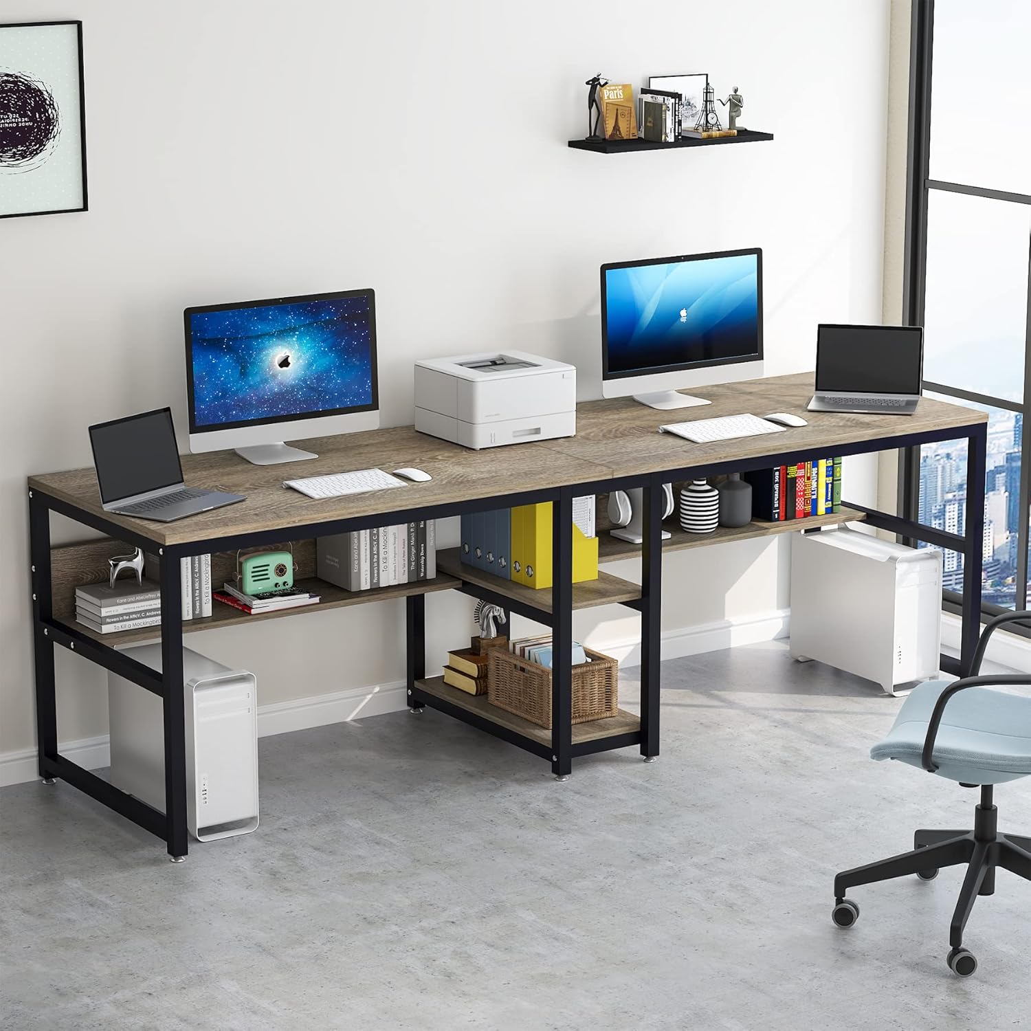 78.7" Two Person Desk with Bookshelf, Industrial Office Workstation W856