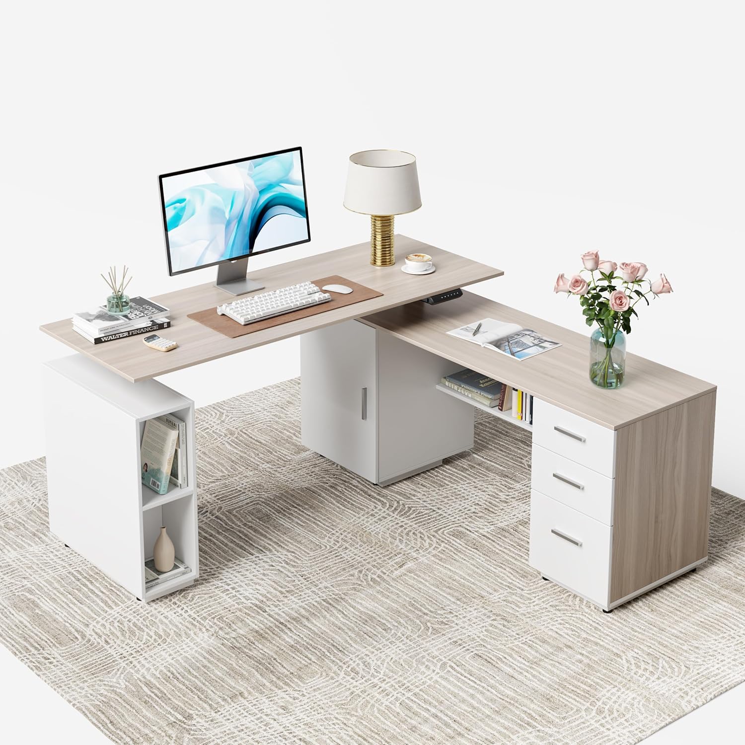 Cubiker 63" L Shaped Executive Standing Desk with 3-Drawer File Cabinet, Electric Height Adjustable Stand up Desk for Home Office, Computer Desk with Storage Cabinets, White Frame/Light Walnut Top